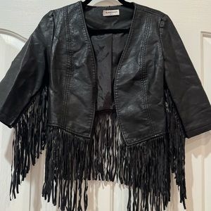 Women’s black faux leather fringe jacket - lightly worn!